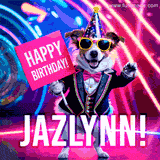 Animated GIF of a cool dog wearing a suit and sunglasses, holding a 'Happy Birthday' sign for Jazlynn, set against a bright and colorful neon party background.