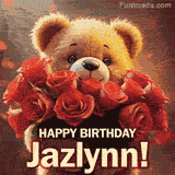 Cinematic style cute animated teddy bear with charming features holding a large bouquet of red roses, the words say 'Happy Birthday Jazlynn' in sans serif font.