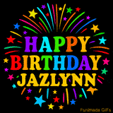 Personalized greeting card with name, colorful text that says 'Happy Birthday Jazlynn' surrounded by animated fireworks and multicolor stars