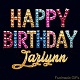 Vibrant luxury birthday greeting card for Jazlynn, showing glittering gemstone letters and golden calligraphy on a dark background with twinkling shine effects.