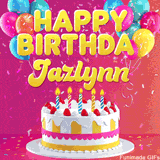 Pink-themed animated greeting with balloons, confetti, and a frosted cake under the message 'Happy Birthday Jazlynn' in bold rounded yellow font.