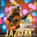 Animated birthday GIF showing a capybara playing guitar and singing beside a birthday cake with the name Jazlynn in large letters and colorful bokeh lights in the background.