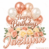 Happy Birthday Jazlynn animated greeting card with a gorgeous floral arrangement