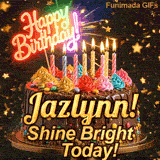Yellow script spelling the name Jazlynn! on a classic chocolate cake under warm glowing candles and falling gold stars.