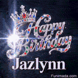 A luxury silver queen tiara with colorful gemstones sitting on top of sparkly diamond cursive letters spelling Happy Birthday Jazlynn.
