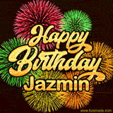 Golden text reading 'Happy Birthday Jazmin' surrounded by vibrant fireworks in red, green, and yellow, set against a dark background in this celebratory birthday GIF.