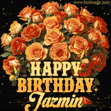 Animated bouquet of orange roses with moving butterfles and golden 'Happy Birthday Jazmin' text, surrounded by sparkling accents and a dark backdrop for a luxurious feel.