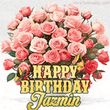 Golden 'Happy Birthday Jazmin' text beneath a vibrant bouquet of orange roses, complete with glittering butterflies and sparkling details.