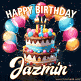 Hand-drawn happy birthday cake adorned with an arch of colorful balloons - name GIF for Jazmin