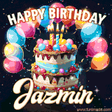 Bright birthday animation for Jazmin with a chocolate cake, candles, balloons, and glowing celebratory lights.