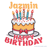 Cartoon birthday cake with a red bow, glowing candles, and 'Jazmin Happy Birthday' text in bold animated style.