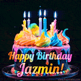A mesmerizing animated cake with multicolor frosting and candles, and the words 'Happy Birthday Jazmin' on the black background.