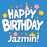 Colorful animated birthday card with the text 'HAPPY BIRTHDAY Jazmin!' in a white playful font surrounded by stars, hearts, and a party hat on a blue background.