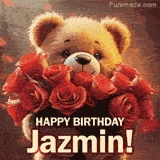 Cinematic style cute animated teddy bear with charming features holding a large bouquet of red roses, the words say 'Happy Birthday Jazmin' in sans serif font.