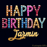 Vibrant luxury birthday greeting card for Jazmin, showing glittering gemstone letters and golden calligraphy on a dark background with twinkling shine effects.
