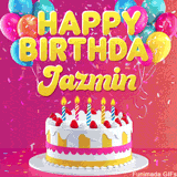 Pink-themed animated greeting with balloons, confetti, and a frosted cake under the message 'Happy Birthday Jazmin' in bold rounded yellow font.