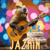 Animated birthday GIF showing a capybara playing guitar and singing beside a birthday cake with the name Jazmin in large letters and colorful bokeh lights in the background.