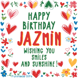 A colorful animated card for Jazmin’s birthday featuring playful hearts, cheerful flowers, and a handwritten message wishing smiles and sunshine.