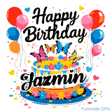 An animated birthday card for Jazmin. It features a festive cake with her name, 'Jazmin', and colorful butterflies. Floating balloons and hearts complete the joyful scene.