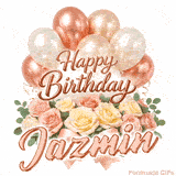 Floral Happy Birthday Jazmin GIF featuring blooming roses and floating balloons