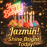 A personalized greeting card for Jazmin featuring a chocolate cake with colorful toppings on a sparkly starry background.