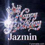 Custom birthday GIF for Jazmin showing glittering diamond-encrusted letters and a royal crown on a dark starry background.