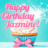 A festive cupcake with pink icing, a gingham bow, and a lit animated sparkler, paired with 'Happy Birthday Jazmine!' in bright pink text.
