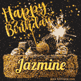 Celebrate Jazmine's birthday with a GIF featuring chocolate cake, a lit sparkler, and golden stars