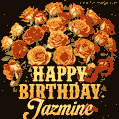 Beautiful bouquet of orange and red roses for Jazmine, golden inscription and twinkling stars