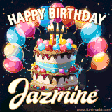 Bright birthday animation for Jazmine with a chocolate cake, candles, balloons, and glowing celebratory lights.