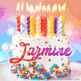 A cheerful white birthday cake with multicolor sprinkles, lit candles, and 'Jazmine' written in vibrant letters, in an animated GIF.