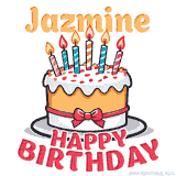 Cartoon birthday cake with a red bow, glowing candles, and 'Jazmine Happy Birthday' text in bold animated style.