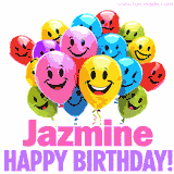 Animated colorful and joyful birthday balloons with cheerful smiles and a bright 'Happy Birthday Jazmine!' message in pink and purple.