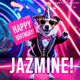 Animated GIF of a cool dog wearing a suit and sunglasses, holding a 'Happy Birthday' sign for Jazmine, set against a bright and colorful neon party background.