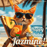 An animated orange cat wearing sunglasses, sitting on a beach chair with a tropical drink, with a festive 'Happy Birthday Jazmine!' message.