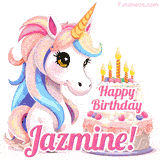 An adorable animated unicorn with soft pastel colors sits beside a birthday cake with glowing candles, and a pink 'Happy Birthday Jazmine!' words.