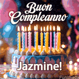 Birthday cake topped with pink and yellow lit candles, surrounded by glowing bokeh lights and party balloons. The greeting 'Buon Compleanno Jazmine GIF!' is displayed.