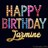 Vibrant luxury birthday greeting card for Jazmine, showing glittering gemstone letters and golden calligraphy on a dark background with twinkling shine effects.