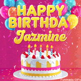 Pink-themed animated greeting with balloons, confetti, and a frosted cake under the message 'Happy Birthday Jazmine' in bold rounded yellow font.