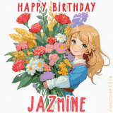 Bright floral birthday animation for Jazmine showing a cute cartoon girl with golden hair and expressive eyes holding a huge bouquet, surrounded by birthday text.