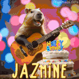 Animated birthday GIF showing a capybara playing guitar and singing beside a birthday cake with the name Jazmine in large letters and colorful bokeh lights in the background.