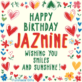 A colorful animated card for Jazmine’s birthday featuring playful hearts, cheerful flowers, and a handwritten message wishing smiles and sunshine.