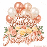 Happy Birthday Jazmine animated greeting card with a gorgeous floral arrangement