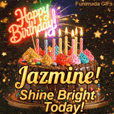 Shimmering gold star particles and neon bokeh lights surrounding a chocolate birthday cake personalized for Jazmine.