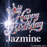 Close-up of a detailed silver crown with red, green, and blue gems above the name Jazmine in elegant metallic font.