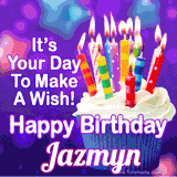 A colorful birthday GIF for Jazmyn featuring a cupcake with vibrant lit candles and the text 'It's Your Day to Make a Wish! Happy Birthday Jazmyn' in bold letters on a festive purple background.