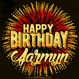 Golden 'Happy Birthday Jazmyn' text accompanied by animated rainbow fireworks for a festive animated greeting.