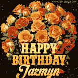 Animated bouquet of orange roses with moving butterfles and golden 'Happy Birthday Jazmyn' text, surrounded by sparkling accents and a dark backdrop for a luxurious feel.