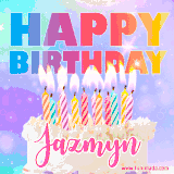 A vibrant animated name GIF with the words 'Happy Birthday Jazmyn' with colorful candles on a creamy cake. The background sparkles with pastel shades, adding a festive touch.