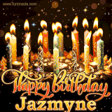 A glowing personalized birthday GIF with name Jazmyne featuring lit candles with intricate designs, warm lighting, and the text 'Happy Birthday' in an elegant font.